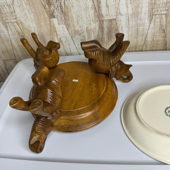 Vintage Wooden Elephant Serving Tray with Cream Ceramic Insert Dish Thailand - Picture 5 of 10